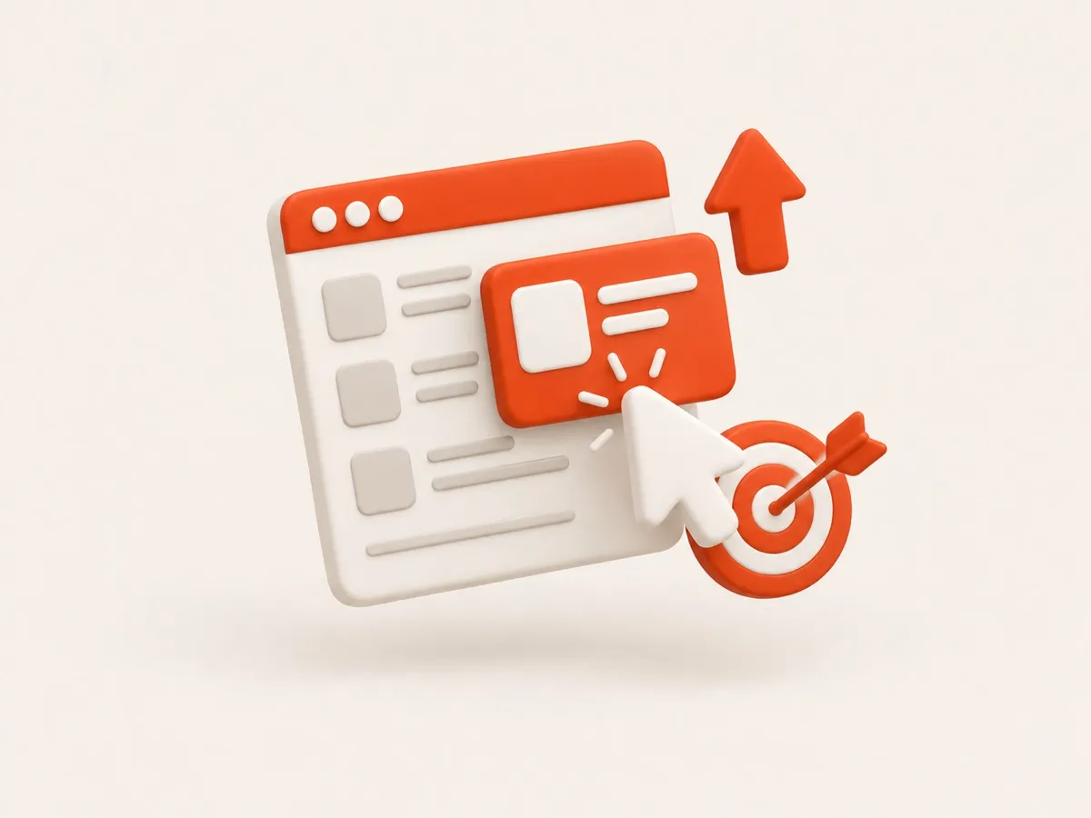 Ilustração 3D de uma janela de site com um cursor clicando em um anúncio e um alvo